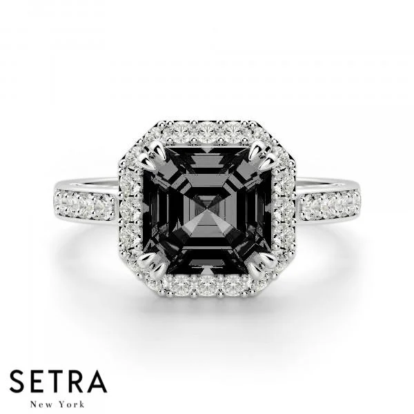 ASSCHER CUT BLACK DIAMOND & ROUND DIAMONDS HALO ENGAGEMENT 14K GOLD RING