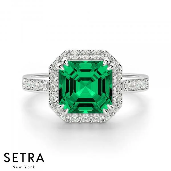 ASSCHER CUT EMERALD GEM & ROUND DIAMONDS HALO ENGAGEMENT 14K GOLD RING