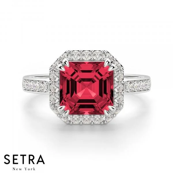 ASSCHER CUT RUBY GEM & ROUND DIAMONDS HALO ENGAGEMENT 14K GOLD RING