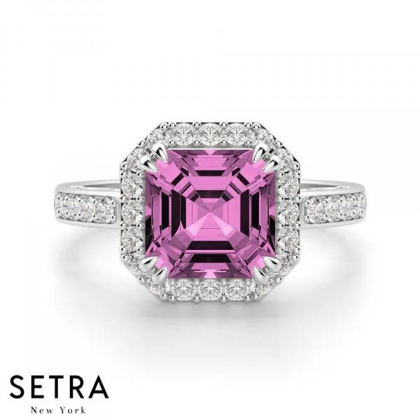 ASSCHER CUT GEMSTONE ENGAGEMENT HALO RING DIAMOND & PINK SAPPHIRE 14K GOLD RING