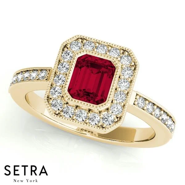 GEMSTONE ENGAGEMENT HALO RING DIAMOND & RUBY 14K GOLD RING