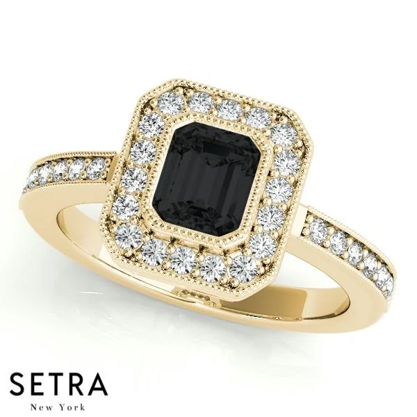 CENTER EMERALD CUT BLACK DIAMOND & CLEAR DIAMOND HALO ENGAGEMENT 14K GOLD RING