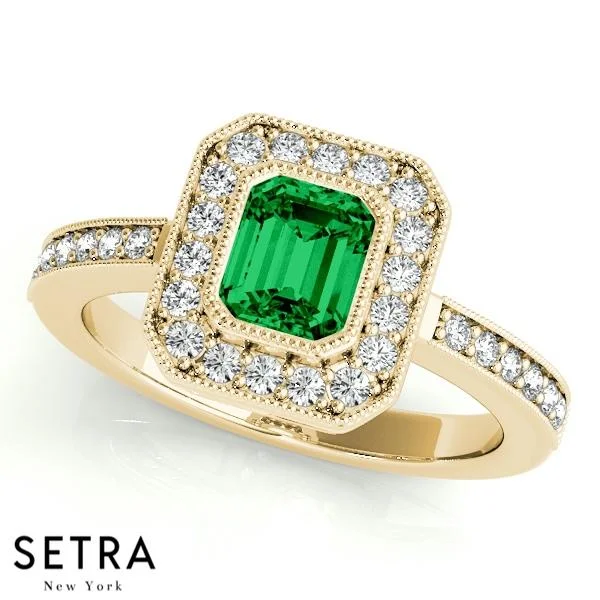 GEMSTONE ENGAGEMENT HALO RING DIAMOND & EMERALD 14K GOLD RING