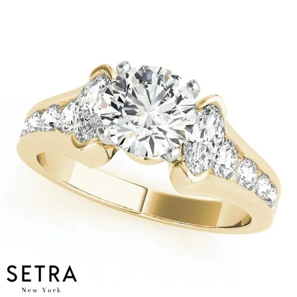 FANCY STRAIGHT MARQUISE & ROUND CUT DIAMOND ENGAGEMENT 14K GOLD RING