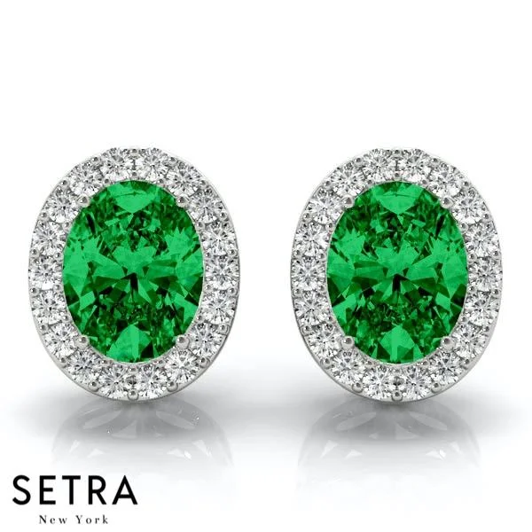 GREEN EMERALD OVAL SHAPE & ROUND CUT DIAMONDS HALO STUD EARRING 14K GOLD