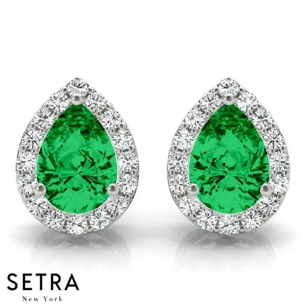 GREEN EMERALD PEAR SHAPE & ROUND CUT DIAMONDS HALO STUD EARRING 14K GOLD