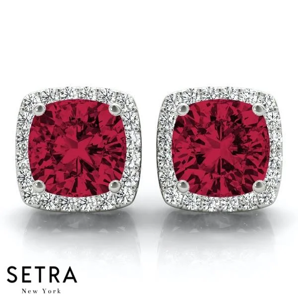 RUBY CUSHION SHAPE & ROUND CUT DIAMONDS HALO STUD EARRING 14K GOLD