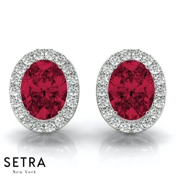 RUBY OVAL SHAPE & ROUND CUT DIAMONDS HALO STUD EARRING 14K GOLD