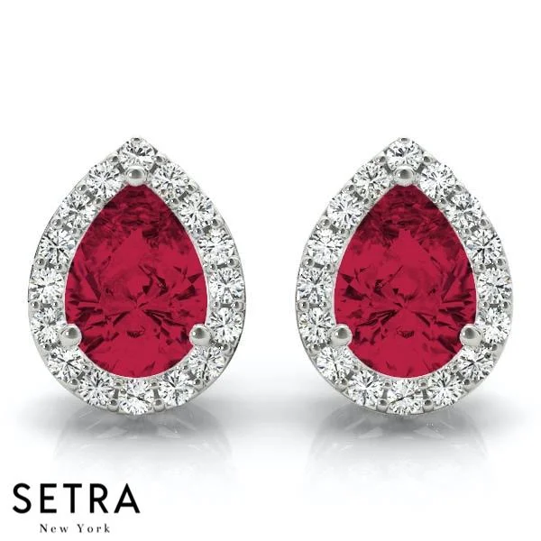 RUBY PEAR SHAP & ROUND CUT DIAMONDS HALO STUD EARRING 14K GOLD