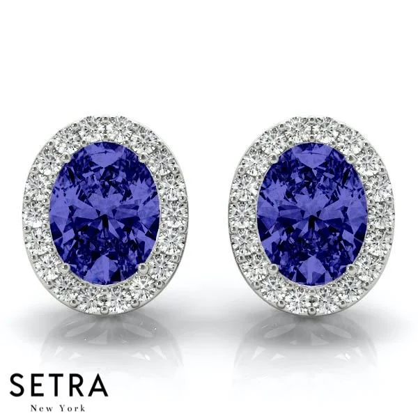 SAPPHIRE OVAL SHAPE & ROUND CUT DIAMONDS HALO STUD EARRING 14K GOLD