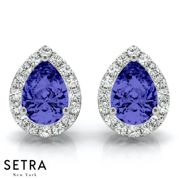 SAPPHIRE PEAR SHAPE & ROUND CUT DIAMONDS HALO STUD EARRING 14K GOLD