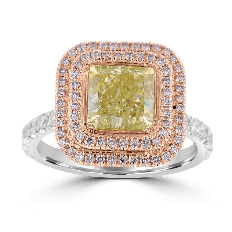 18KT TWO-TONE GOLD 2.75 CTW GREENISH YELLOW & PINK DIAMOND DOUBLE HALO RING