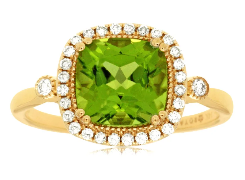 Cushion Cut Peridot and Diamond Halo Ring