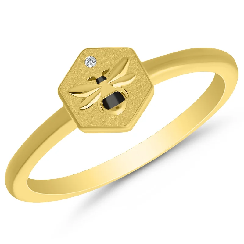 Engraved Honeycomb Bee Diamond Ring in 10k Yellow Gold, 0.01 cttw