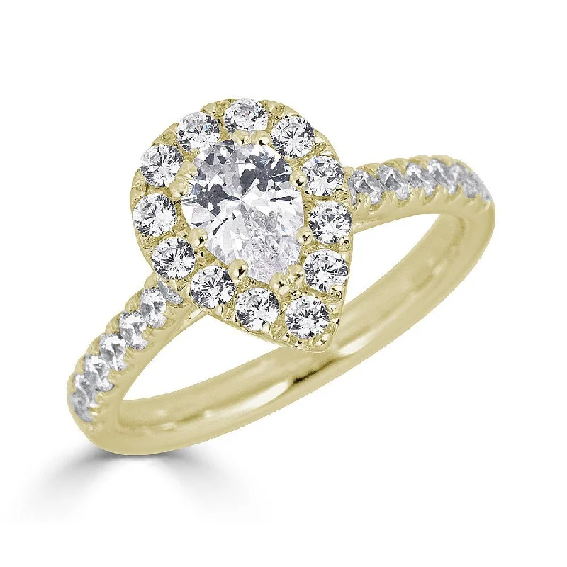 JULEVE 14KT GOLD 1.50 CTW DIAMOND PEAR HALO CATHEDRAL RING