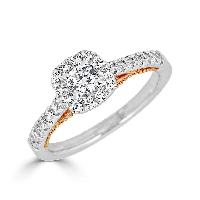 JULEVE 14KT GOLD .50 CTW DIAMOND CUSHION HALO CATHEDRAL RING