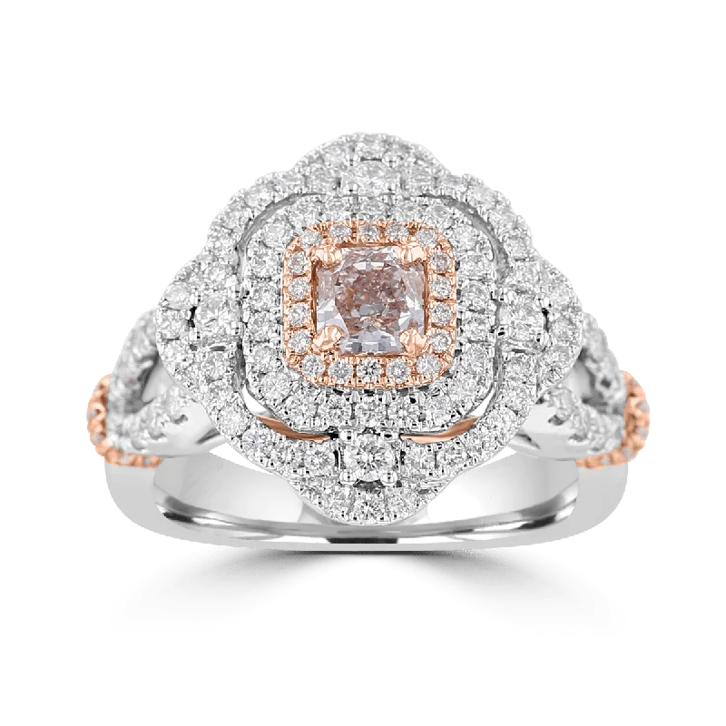 JULEVE 18KT 1.48 CTW LIGHT PINK DIAMOND DOUBLE CUSHION HALO RING