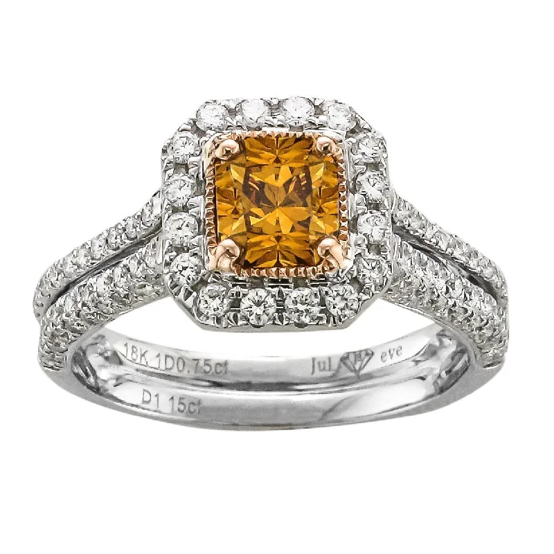 JULEVE 18KT TWO-TONE GOLD 1.90 CTW FANCY COLORED DIAMOND HALO RING