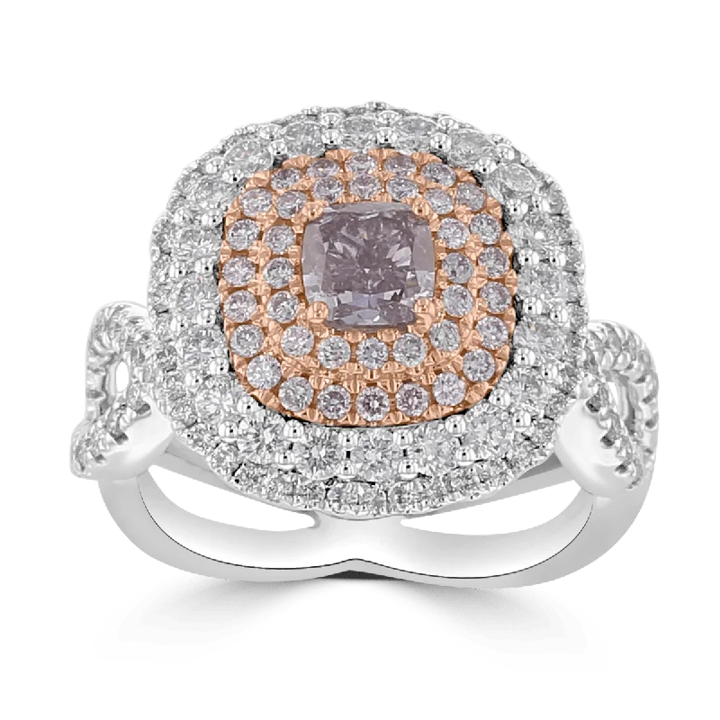 JULEVE PLATINUM & 18KT 2.12 CTW PINK PURPLE DIAMOND QUADRUPLE HALO RING