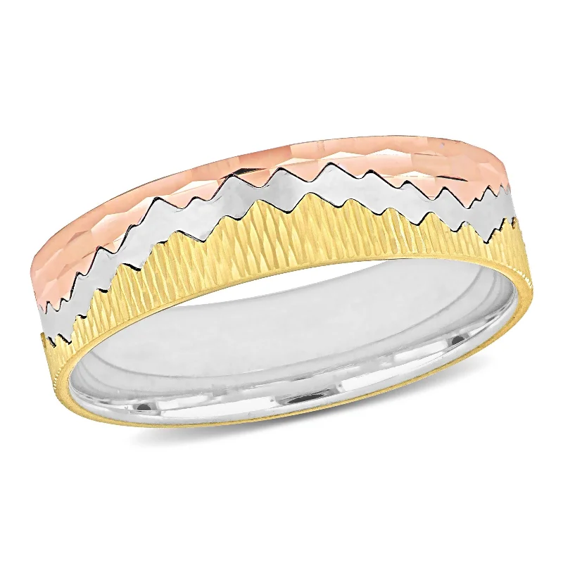 Miadora 6 mm Mens Zigzag Hammered Finish Wedding Band in 3-Tone 14k Gold