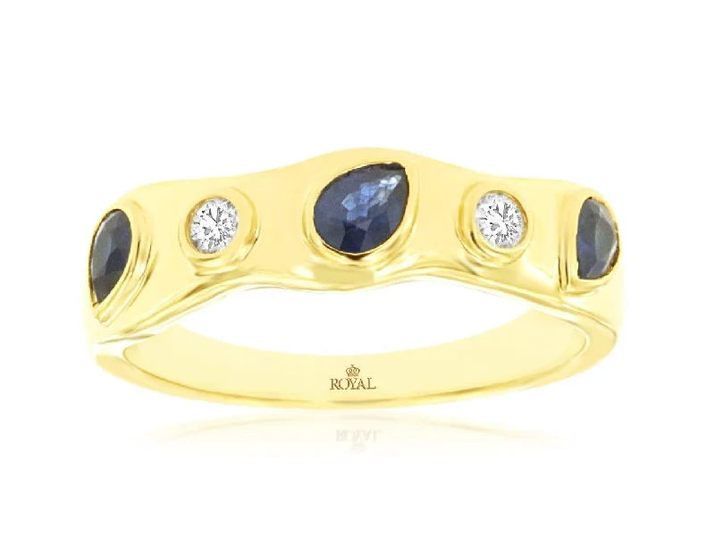 Pear Shaped Sapphire and Round Diamond Wavy Ring Band in 14k Yellow Gold