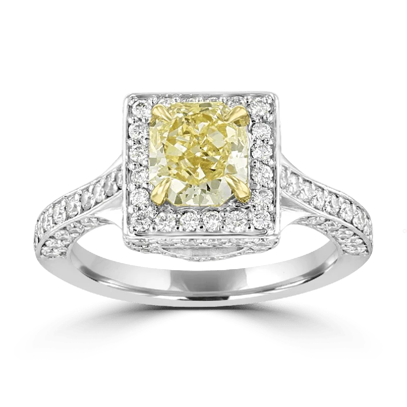 PLATINUM 2.40 CTW YELLOW DIAMOND SQUARE HALO RING