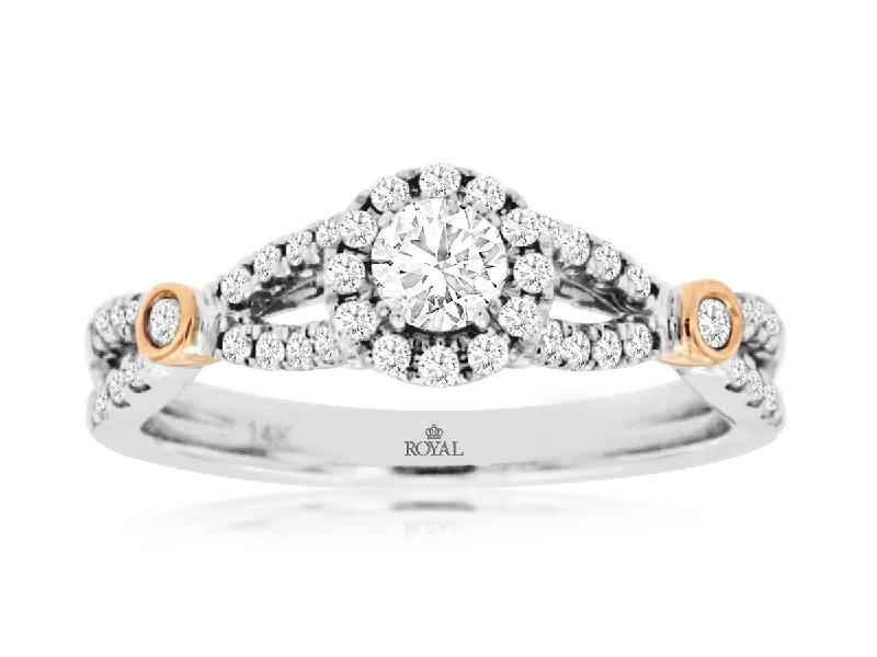 Round Diamond Crossover Halo Engagement Ring in 14k White and Rose Gold, 0.58cttw