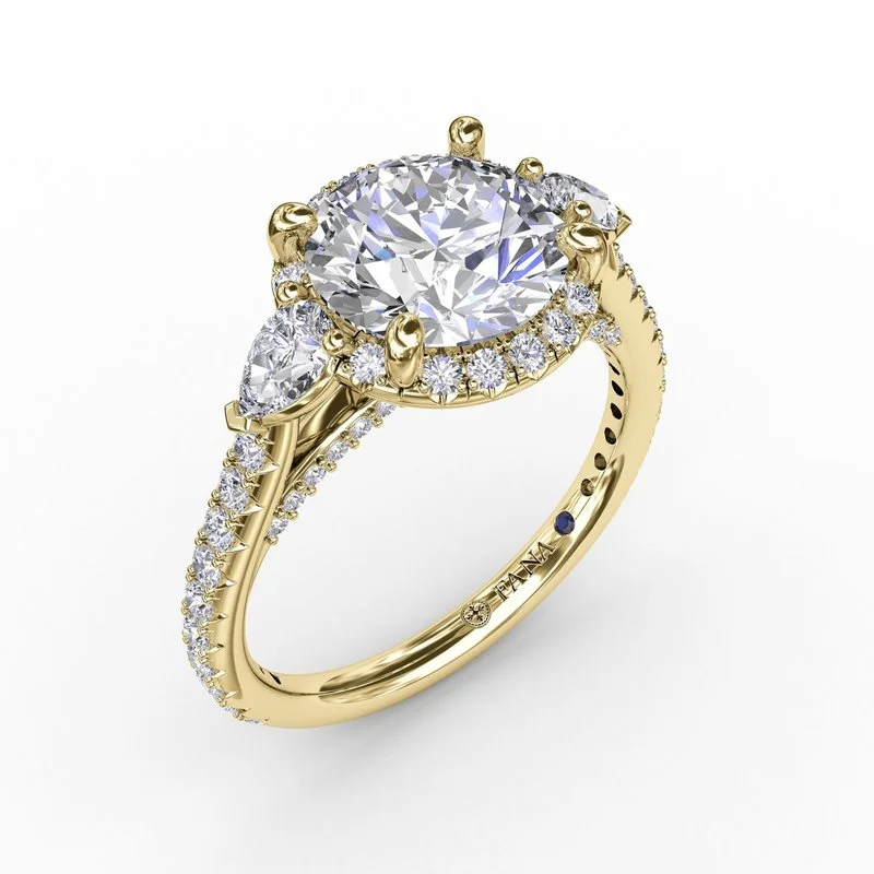 Round Diamond Halo Engagement Ring With Pear-Shape Side Stones