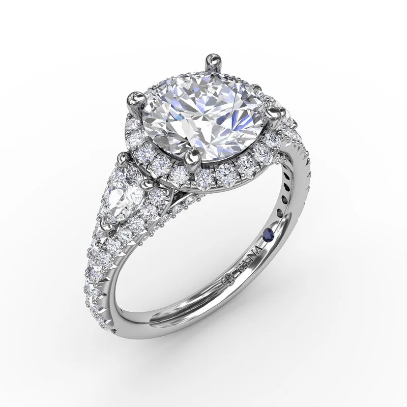 Three-Stone Round Diamond Halo Engagement Ring