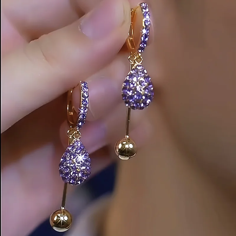 14K Gold-Plated Purple Diamond Tassel Water Drop Earrings