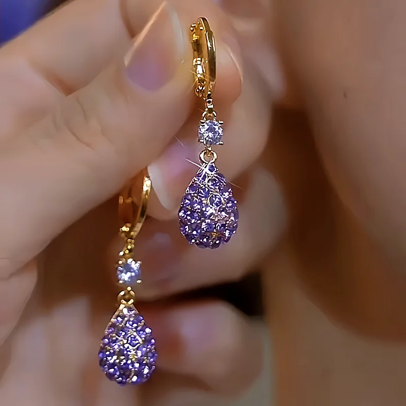 14K Gold-Plated Purple Diamond Water Drop Earrings