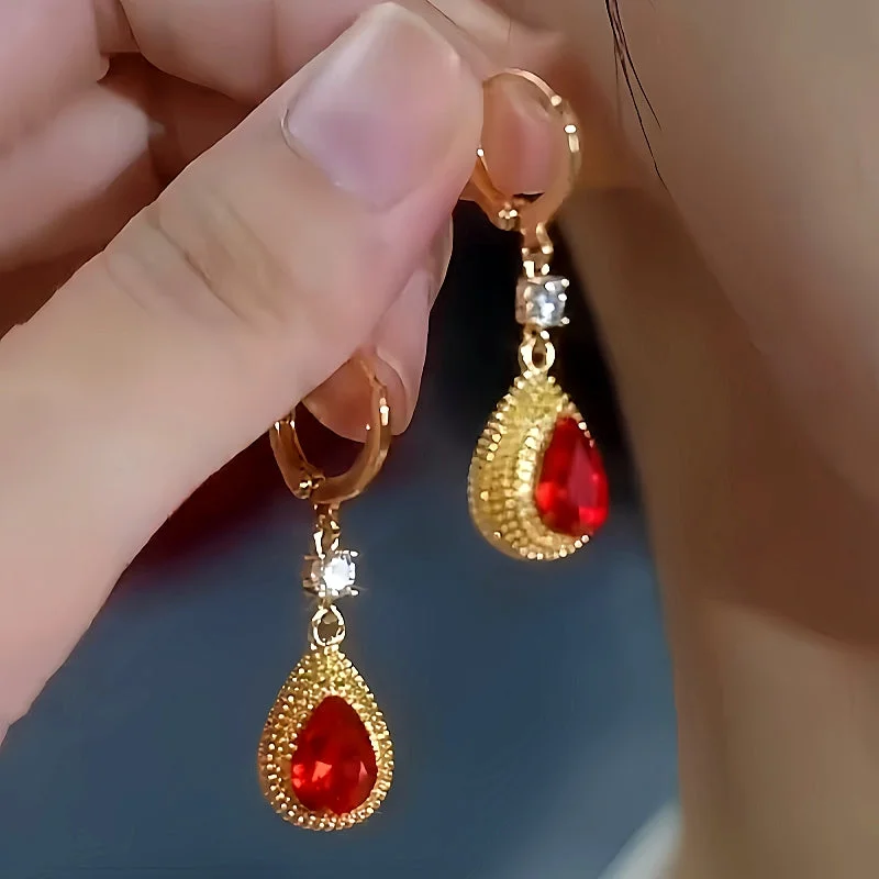 14K Gold-Plated Zircon Red Crystal Drop Earrings