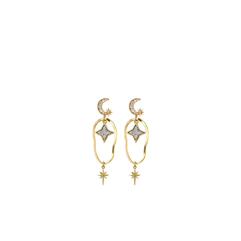 Angela D’Arcy Druzy Moon & Star Drop Earrings, Gold