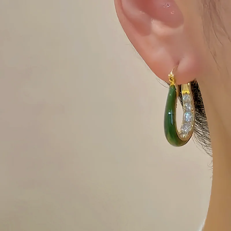 18K Gold-Plated Diamond Green Oil Drop Earrings