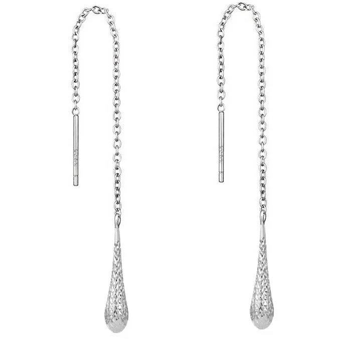 Italian Sterling Silver Diamond Cut Threader Teardrop Earrings