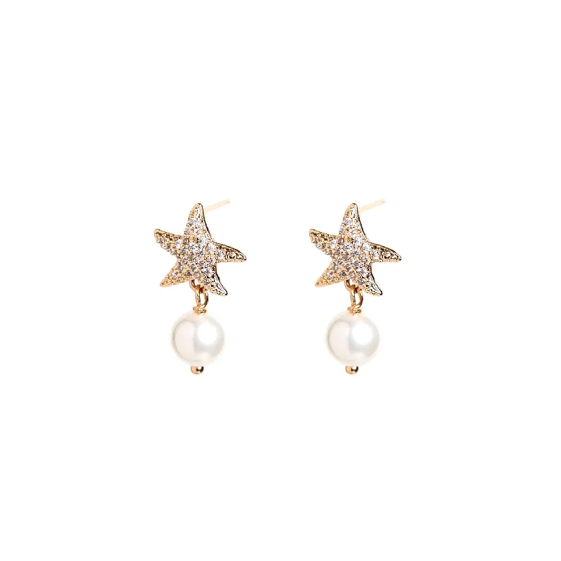 Angela D’Arcy Baby Starfish Pearl Drop Earrings, Gold