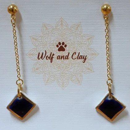 BLUE ENAMELLED CERAMIC GOLD CHAIN DROP EARRINGS