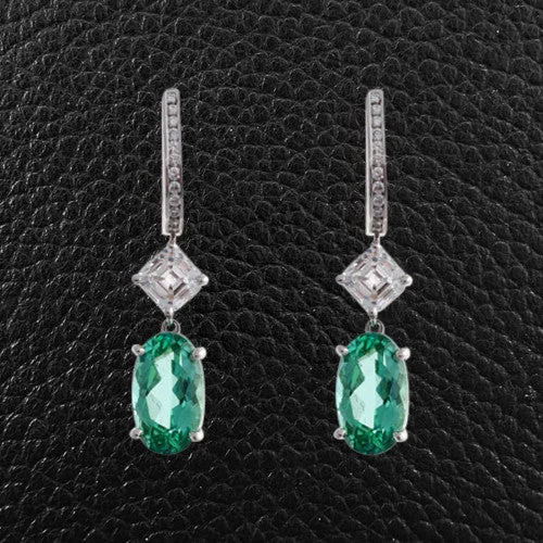 Blue-Green Tourmaline & Diamond Drop Earrings