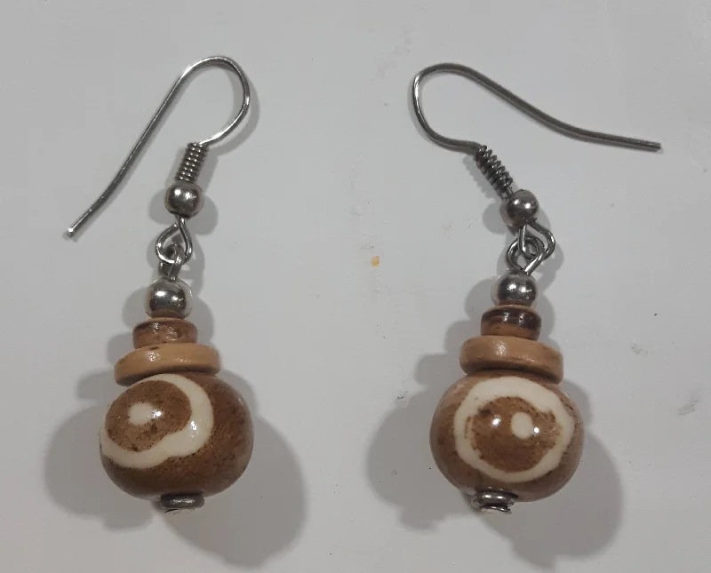 Brown Agate Style Bead and Disc Dangling Drop Earrings