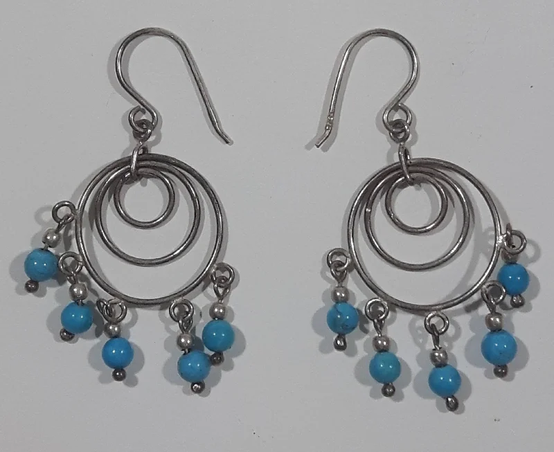 Concentric Circles Small Turquoise Blue Bead Dangling Drop Earrings