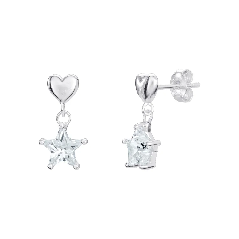 Cubic Zirconia Heart Drop Earrings - Sterling Silver