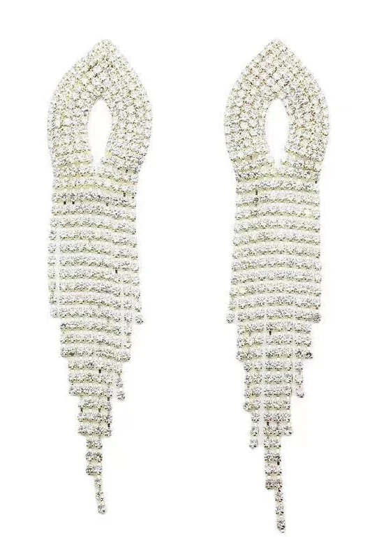 Design sense rhinestone long tassel drop earrings stud ear clips 731781713062