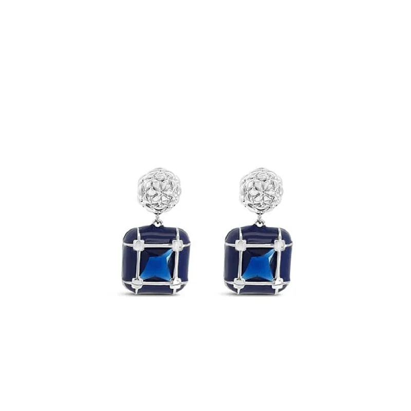 Absolute CZ Cube Drop Earrings, Silver & Navy