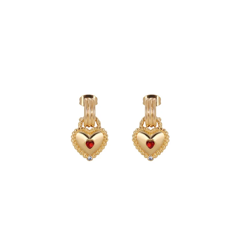 Newbridge Heart Drop Earrings with Ruby Red Stones, Gold