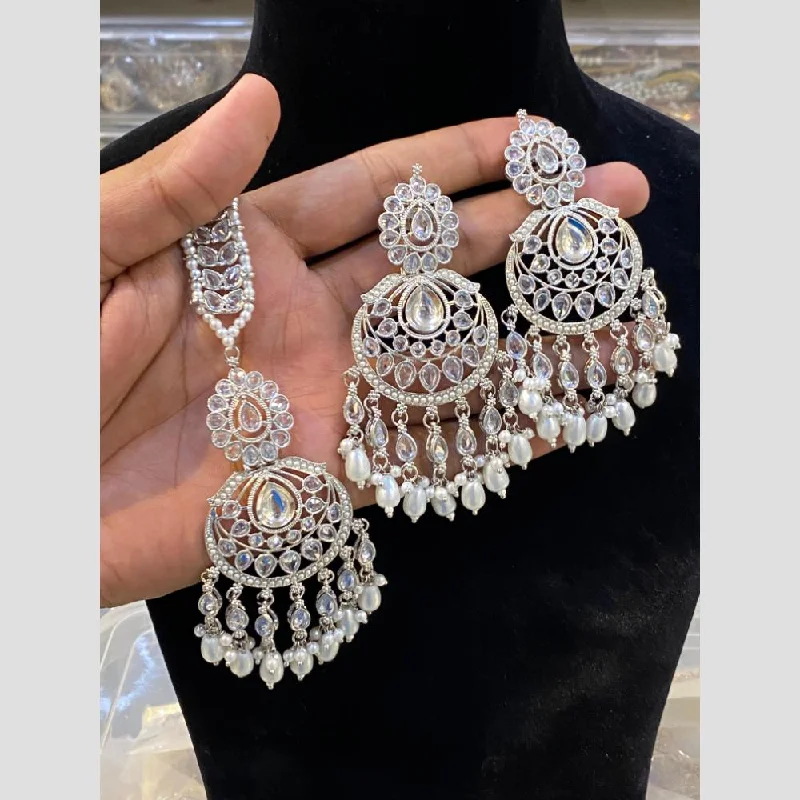 Hira Collections Silver Plated Pearl Dangler Earrings With Maangtikka