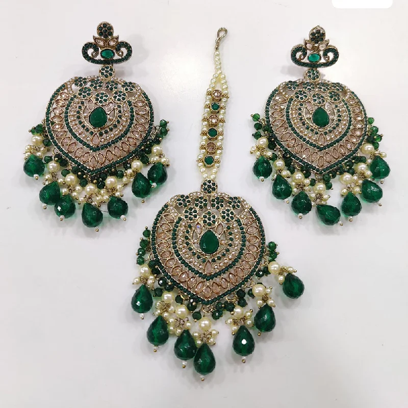 JCM Gold Plated Crystal Stone And Beads Dangler Earrings With Maangtikka (Assorted Color 1 Piece Only)