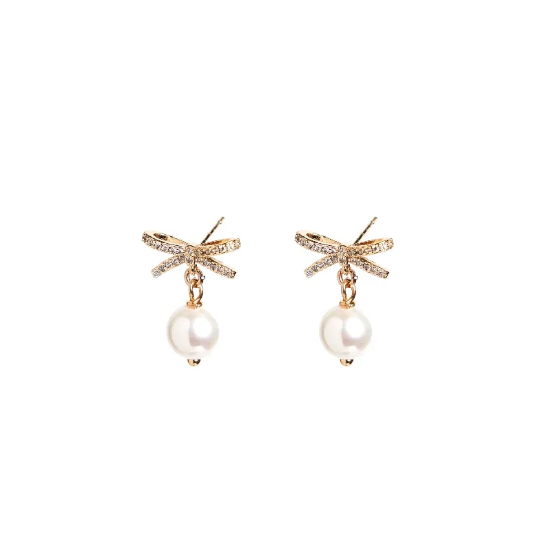 Angela D’Arcy Bow Pearl Drop Earrings, Gold