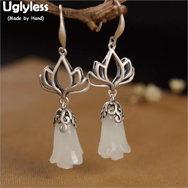 Uglyless Buddhistic Holy Hollow Lotus Earrings Women Natural Jade Rose Flower Drop Earrings Solid 925 Thai Silver Brincos E1332