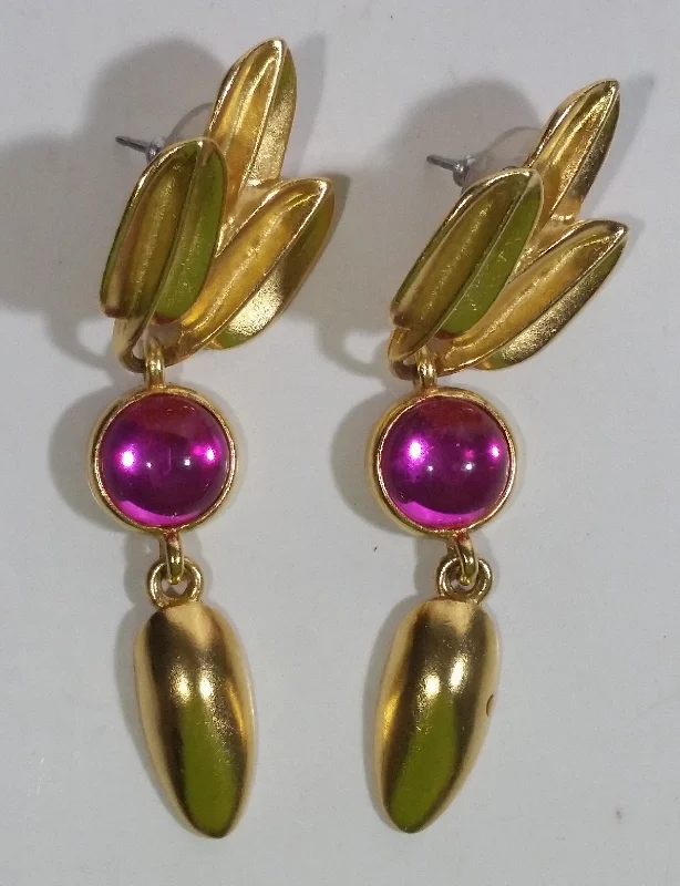 Vintage Style Hot Pink Lucite Gold Tone Dangle Drop Earrings Costume Jewelry