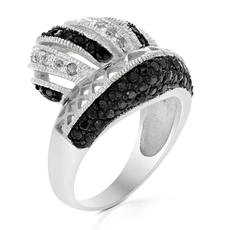 1.10 cttw Black and White Diamond Ring .925 Sterling Silver with Rhodium